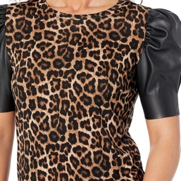 NWT Michael Kors Leopard Print Vegan Faux Leather Sleeve Top Shirt P/S Small - Picture 2 of 14